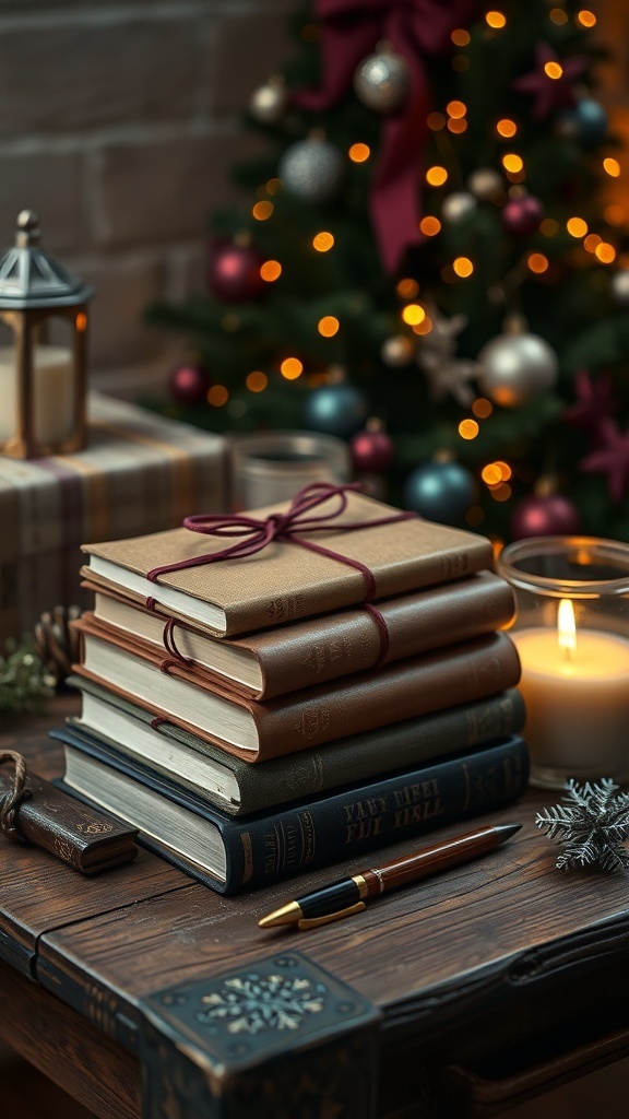 Dark Academia themed Christmas gift set with books, journal, pen, and candle on a wooden table.